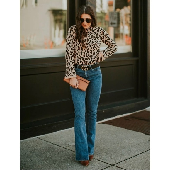 Ann Taylor Womens XS Leopard Print Wool Blend Mock Neck Knit Sweater Brown - Picture 2 of 13